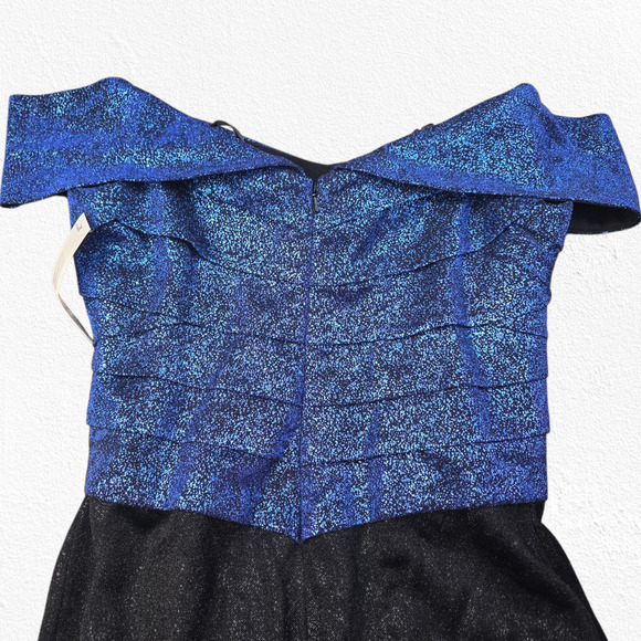 Rene Ruiz Collection Blue Black Off the Shoulder Tiered Ruffle Midi Dress Size 8 - Picture 11 of 13